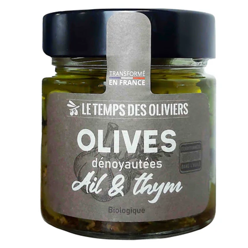 OLVEDHAT180 - Olives vertes Italie dénoyautées dans l'huile ail & thym 180g net (12)
