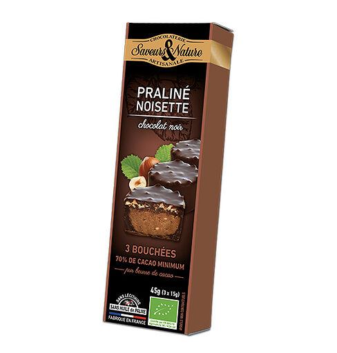 BOUNO - Bouchées praliné noisette enrobées choc noir 70% de cacao - 3 x 15g (10)