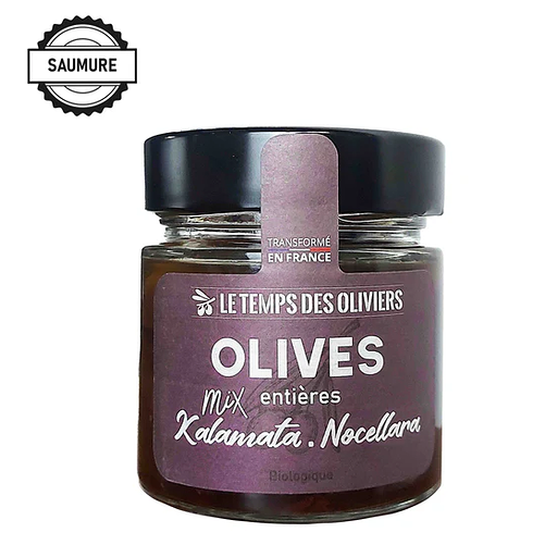 MIXOLVEKAS110 - Olives entières Kalamata GR & Nocellara ITA saumure 110g (12)
